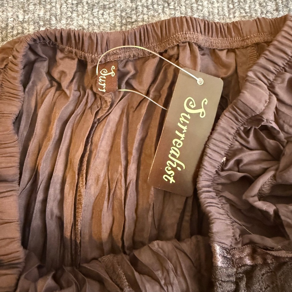 NWT Surrealist Brown Fairy Crinkle Ruffle Maxi Skirt Lace Up Ribbon Boho Whimsy - Picture 8 of 11